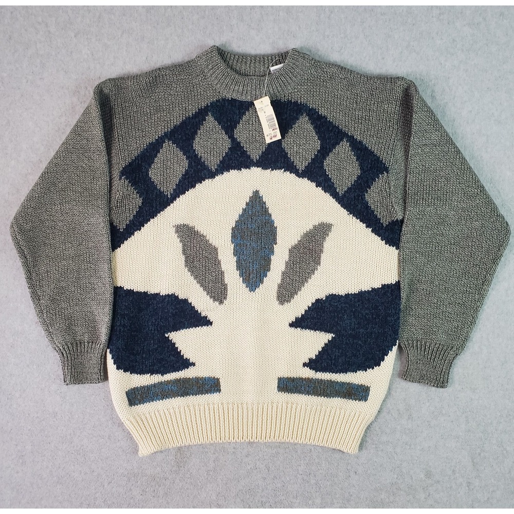 Vintage Aggio Sweater‎ Mens Med Gray Ivory Blue Geometric Crewneck Mohair Blend